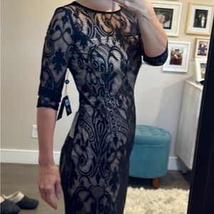 Adrianna Papell NWT 3/4 sleeve black lace dress with nude lining